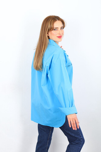 If You Don't Yazı Nakışlı Mavi Kadın Gömlek - 4