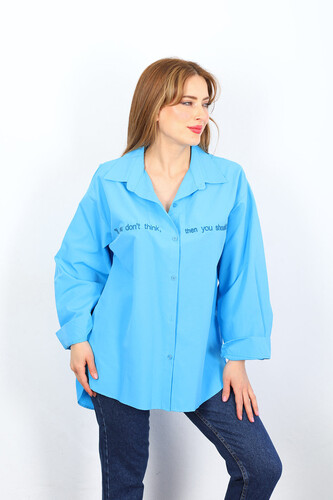 If You Don't Yazı Nakışlı Mavi Kadın Gömlek - 3