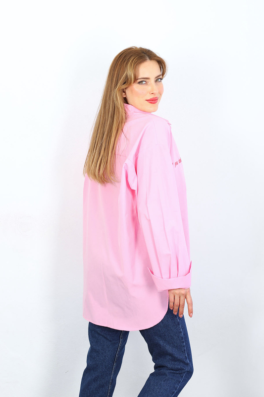 If You Don't Yazı Nakışlı Pembe Kadın Gömlek - 4