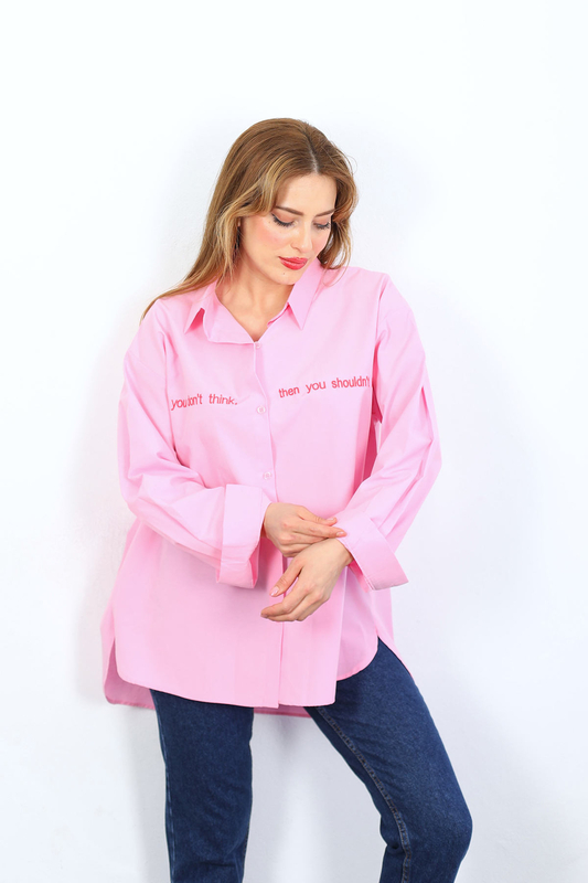 If You Don't Yazı Nakışlı Pembe Kadın Gömlek - 2