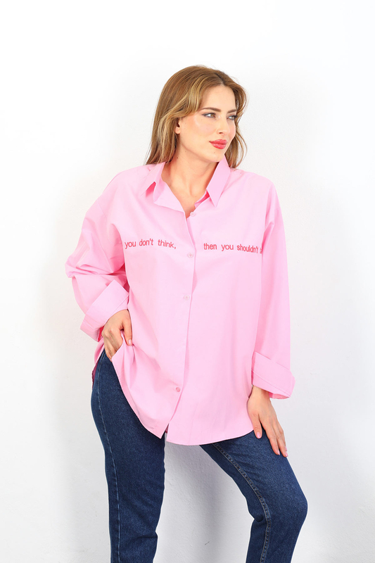 If You Don't Yazı Nakışlı Pembe Kadın Gömlek - 3