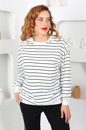 İnce Çizgili Beyaz Kadın Sweatshirt - Berox (1)