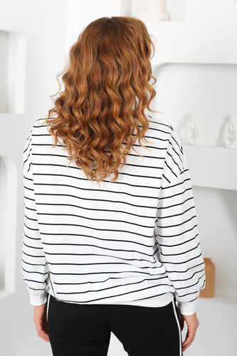İnce Çizgili Beyaz Kadın Sweatshirt - 3