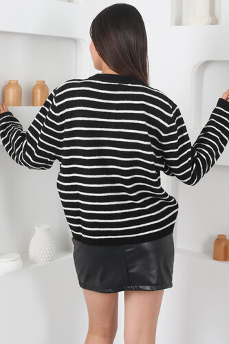 İnce Çizgili Düğmeli Siyah Kadın Triko Hırka - 5