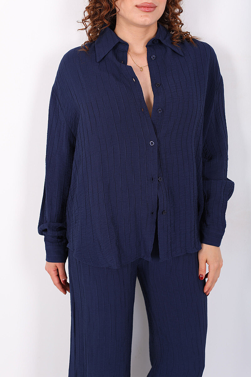 İnce Çizgili Kadın Lacivert Oversize Gömlek - 2