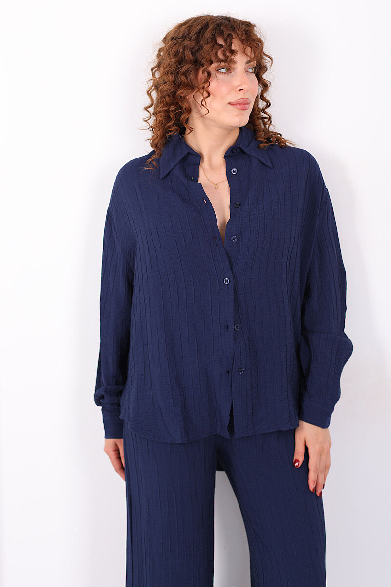 İnce Çizgili Kadın Lacivert Oversize Gömlek - 3
