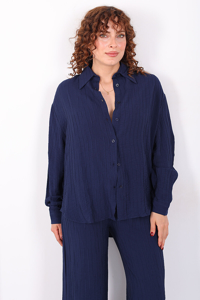 İnce Çizgili Kadın Lacivert Oversize Gömlek - 5