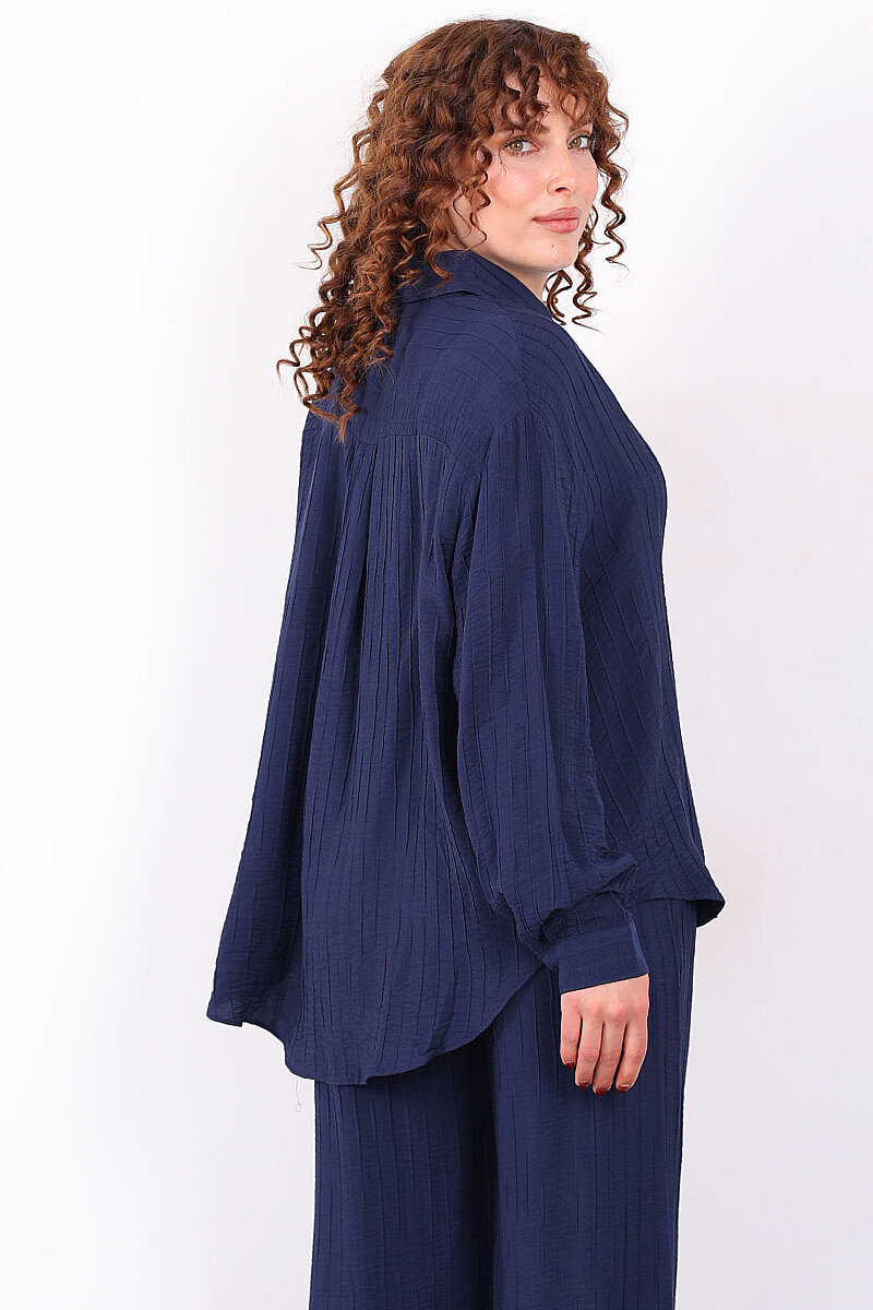 İnce Çizgili Kadın Lacivert Oversize Gömlek - 4