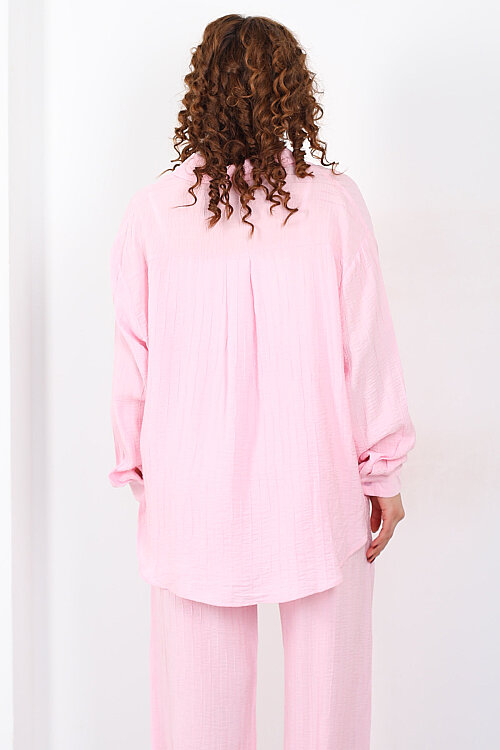 İnce Çizgili Kadın Pembe Oversize Gömlek - 5
