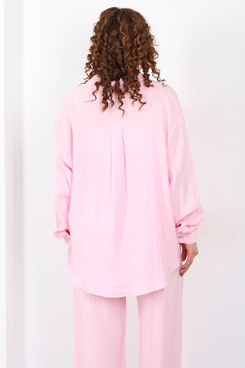 İnce Çizgili Kadın Pembe Oversize Gömlek - 5