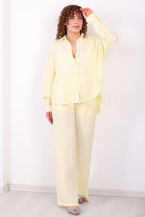İnce Çizgili Kadın Sarı Oversize Gömlek - 5