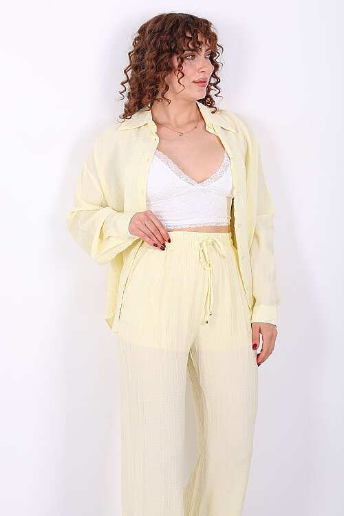 İnce Çizgili Kadın Sarı Oversize Gömlek 