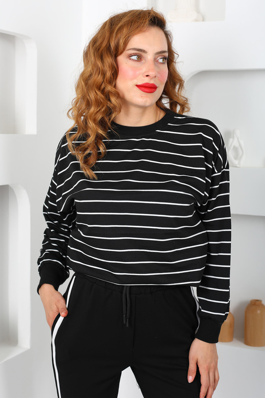 İnce Çizgili Siyah Kadın Sweatshirt - 2