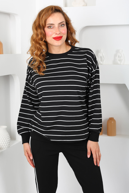 İnce Çizgili Siyah Kadın Sweatshirt - 4