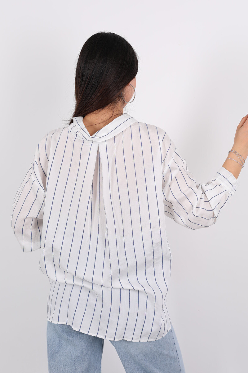İnce Çizgili Tek Cepli Yakalı Oversize Mavi Kadın Gömlek - 5