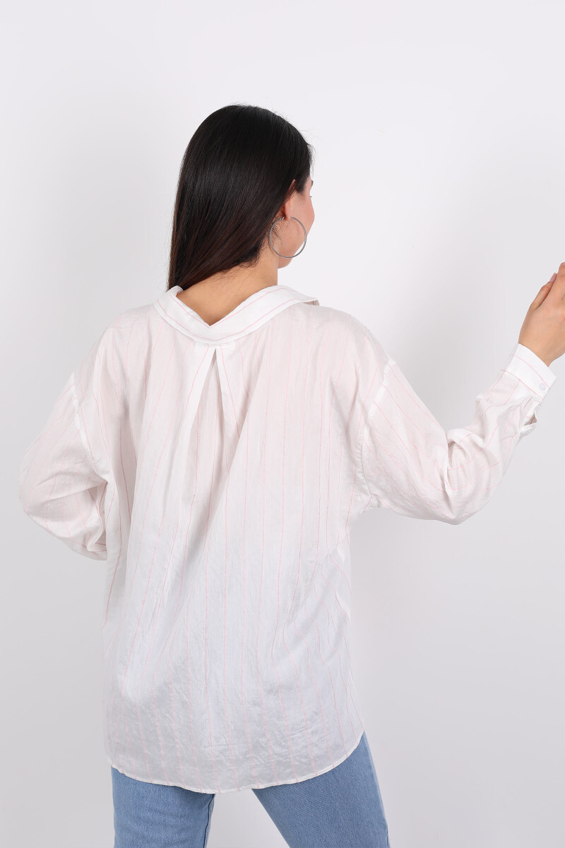 İnce Çizgili Tek Cepli Yakalı Oversize Pembe Kadın Gömlek - 5