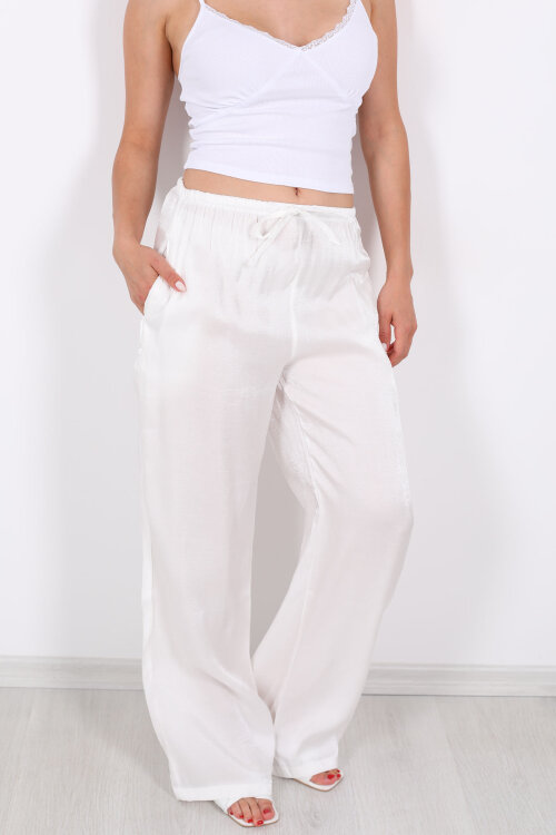 İnce Kemerli Parlak Beyaz Kadın Saten Pantolon - Berox (1)