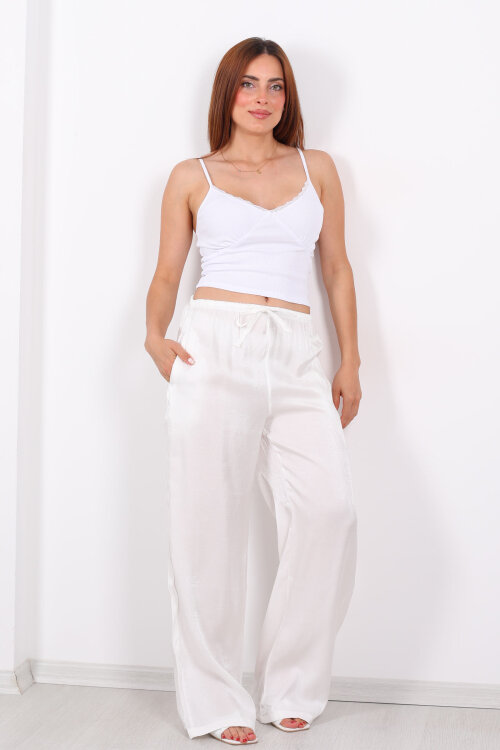 İnce Kemerli Parlak Beyaz Kadın Saten Pantolon - 5