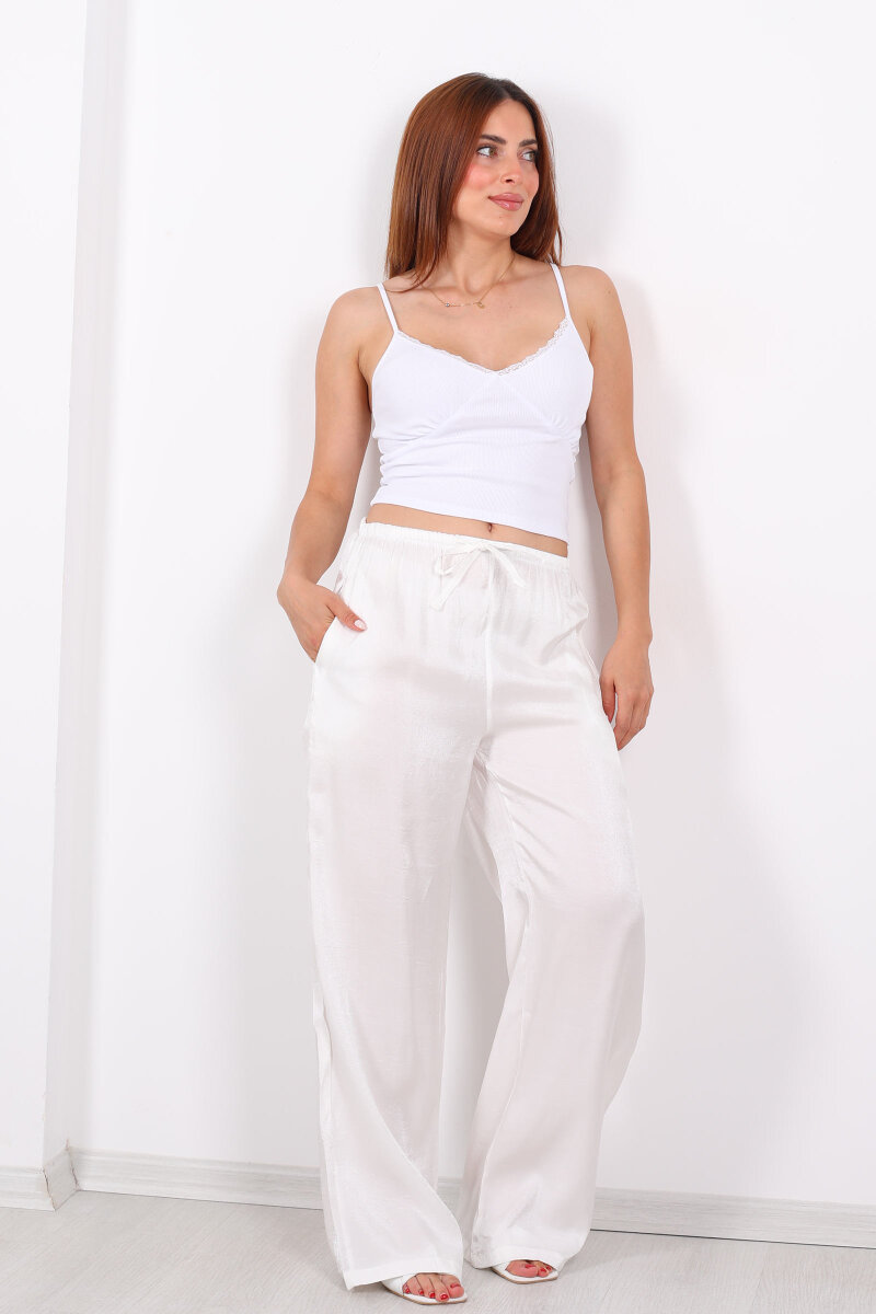 İnce Kemerli Parlak Beyaz Kadın Saten Pantolon - 1