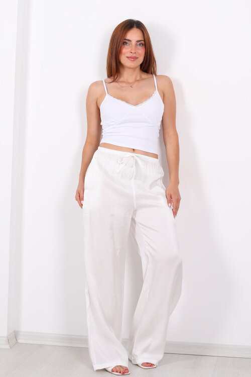 İnce Kemerli Parlak Beyaz Kadın Saten Pantolon - 3