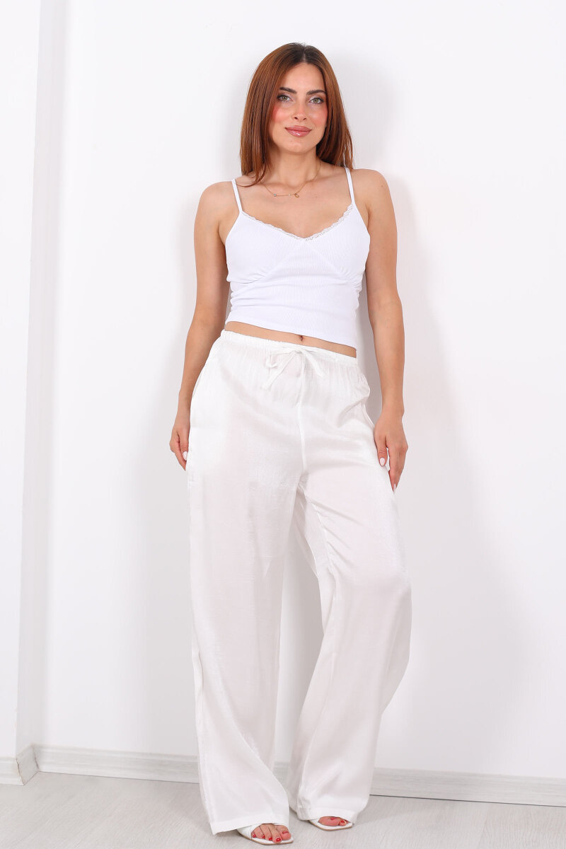 İnce Kemerli Parlak Beyaz Kadın Saten Pantolon - 3