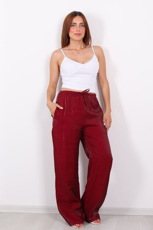 İnce Kemerli Parlak Bordo Kadın Saten Pantolon - 5