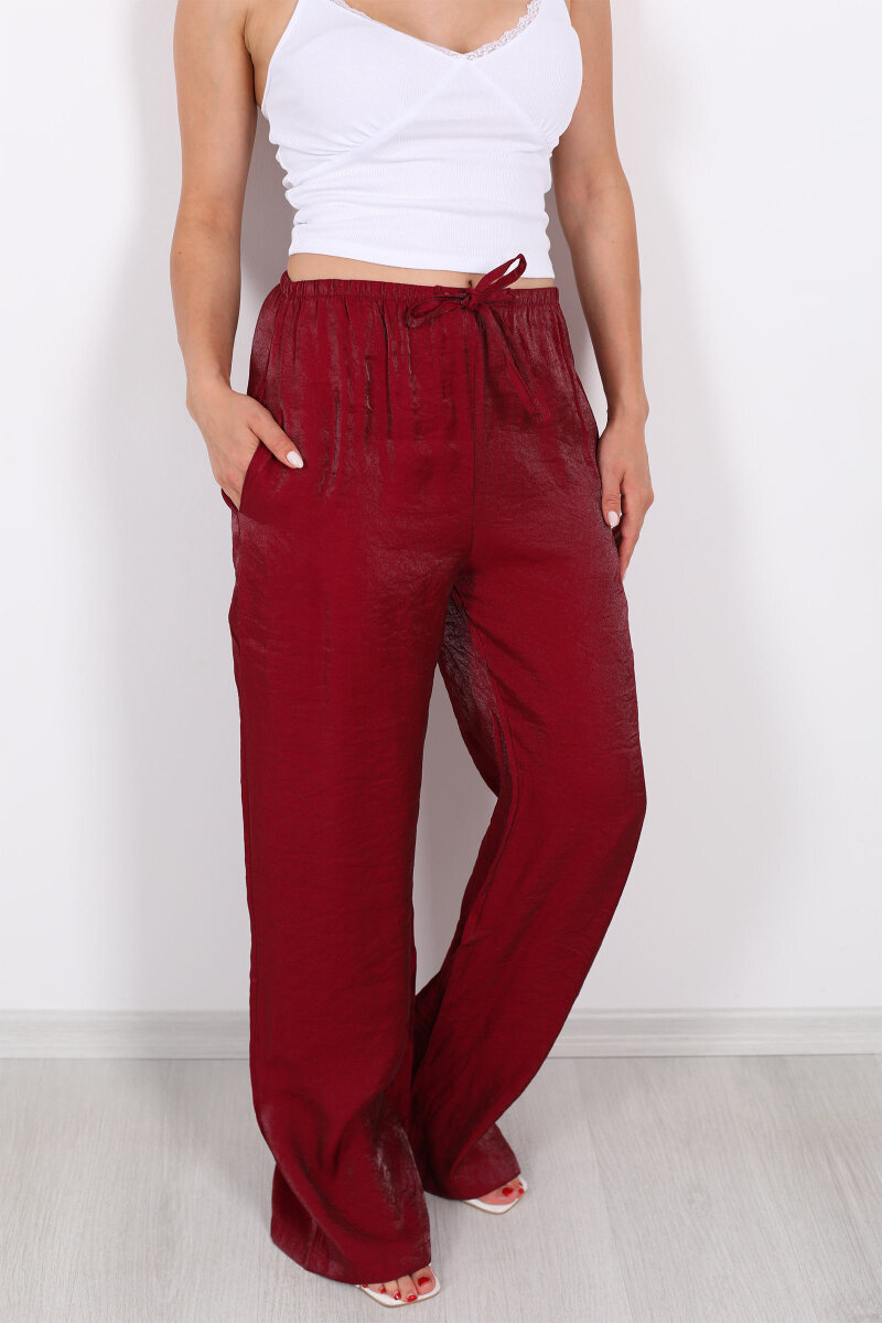 İnce Kemerli Parlak Bordo Kadın Saten Pantolon - 2