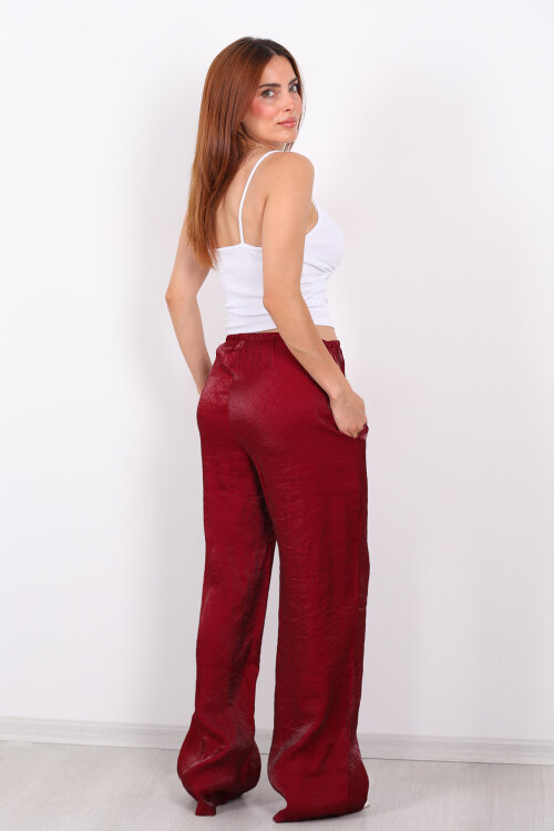 İnce Kemerli Parlak Bordo Kadın Saten Pantolon - 4