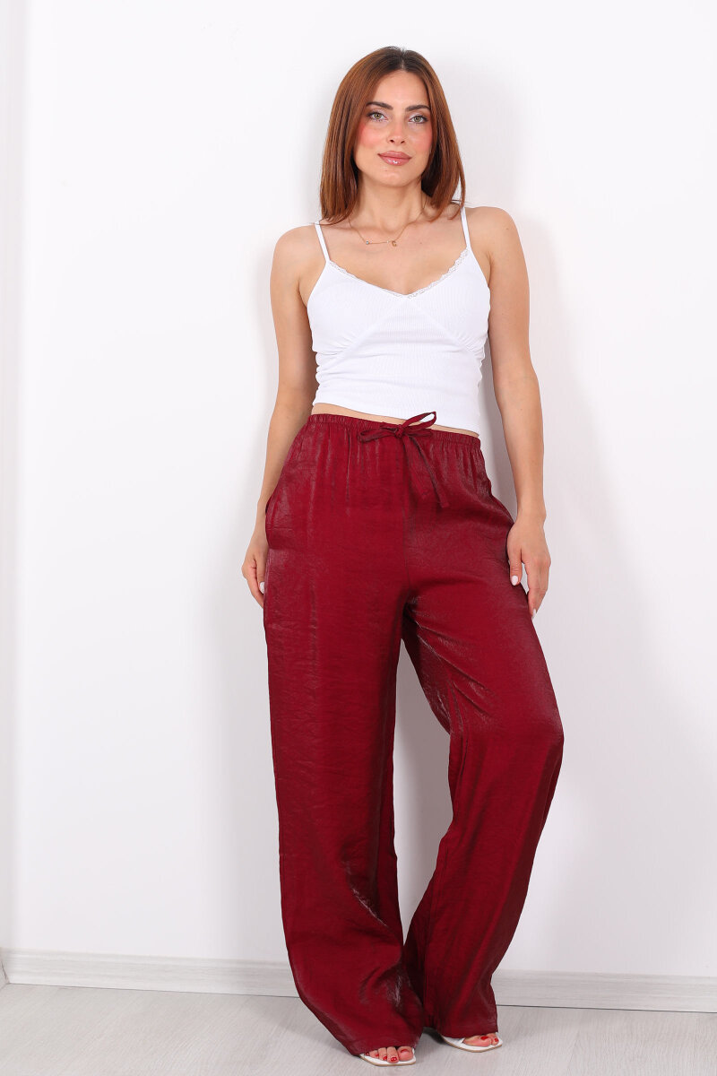 İnce Kemerli Parlak Bordo Kadın Saten Pantolon - 3