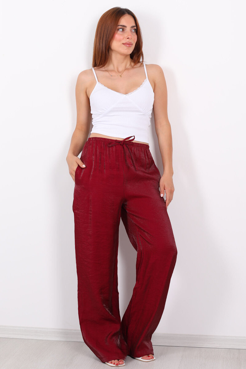 İnce Kemerli Parlak Bordo Kadın Saten Pantolon - 1