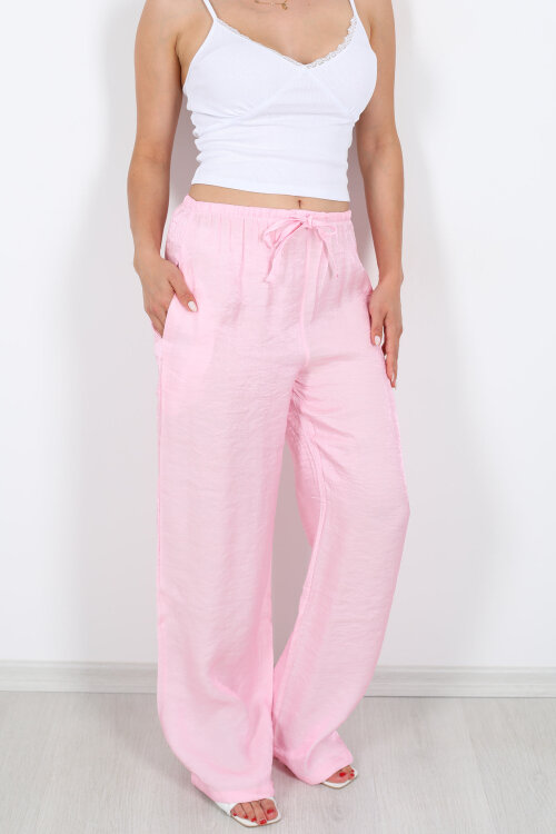 İnce Kemerli Parlak Pembe Kadın Saten Pantolon - Berox (1)