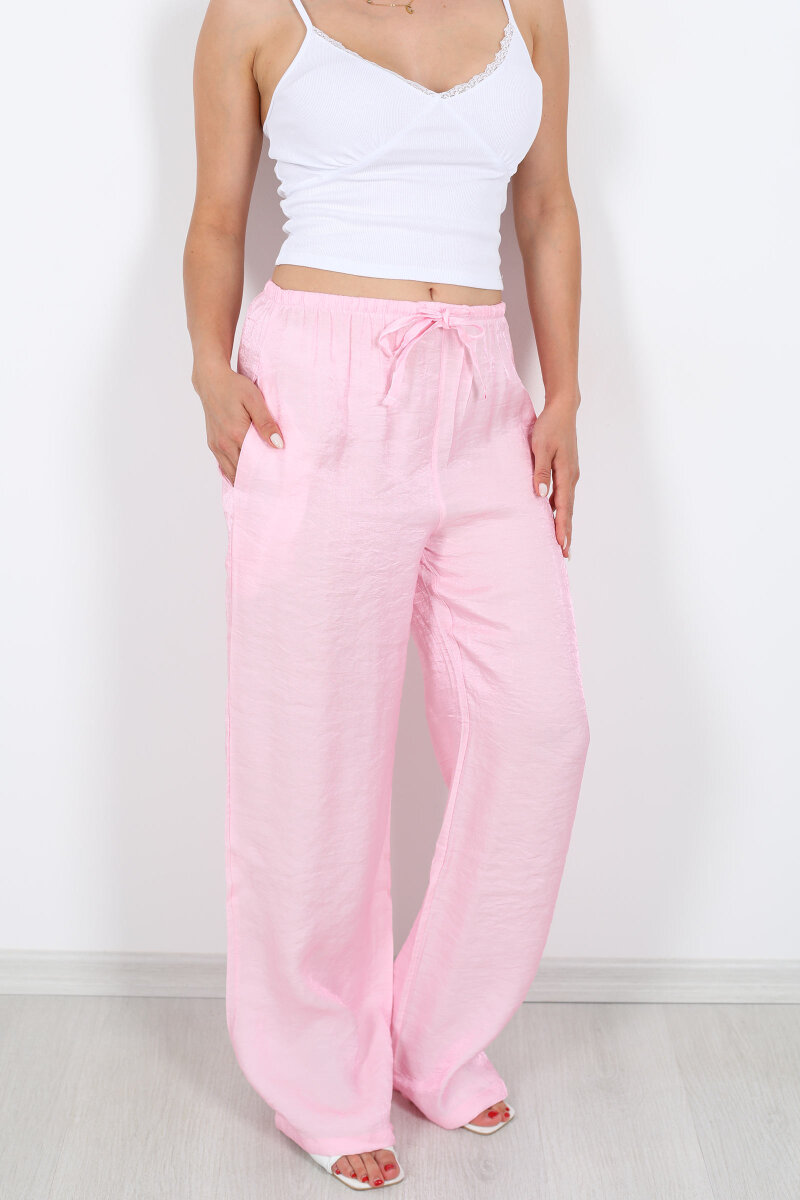 İnce Kemerli Parlak Pembe Kadın Saten Pantolon - 2