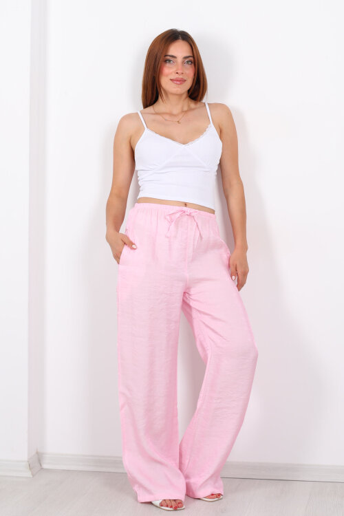 İnce Kemerli Parlak Pembe Kadın Saten Pantolon - Berox