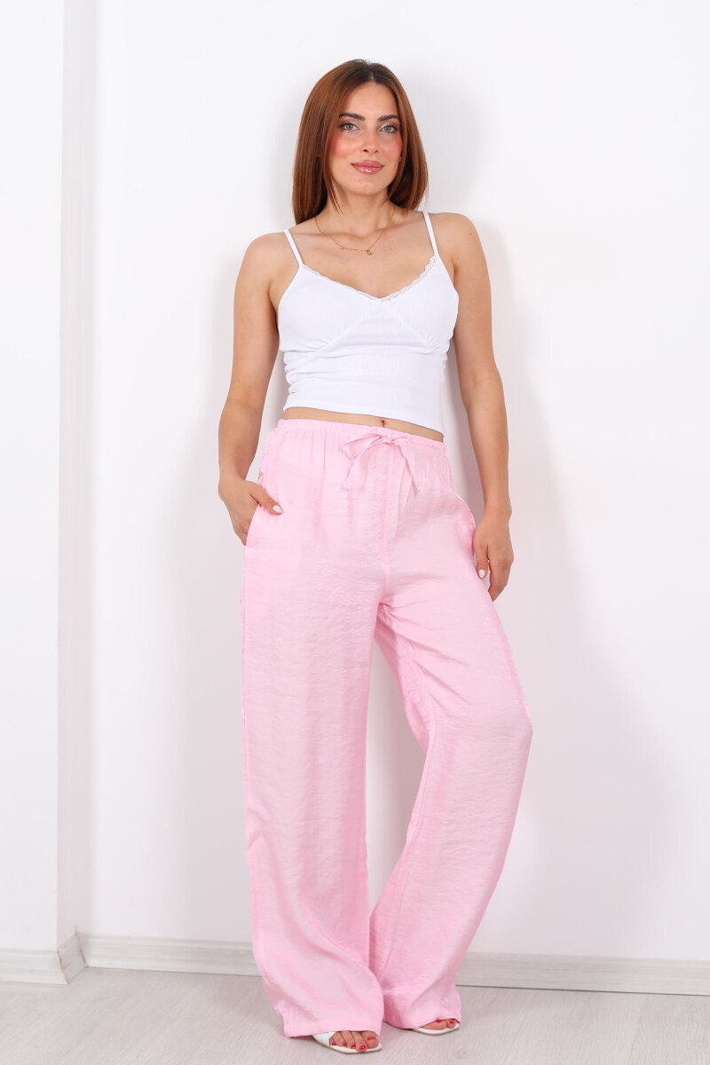 İnce Kemerli Parlak Pembe Kadın Saten Pantolon - 1