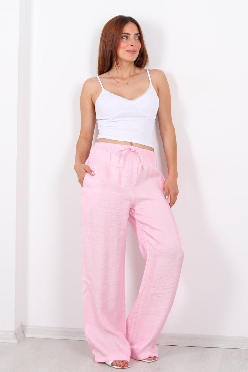 İnce Kemerli Parlak Pembe Kadın Saten Pantolon - 5