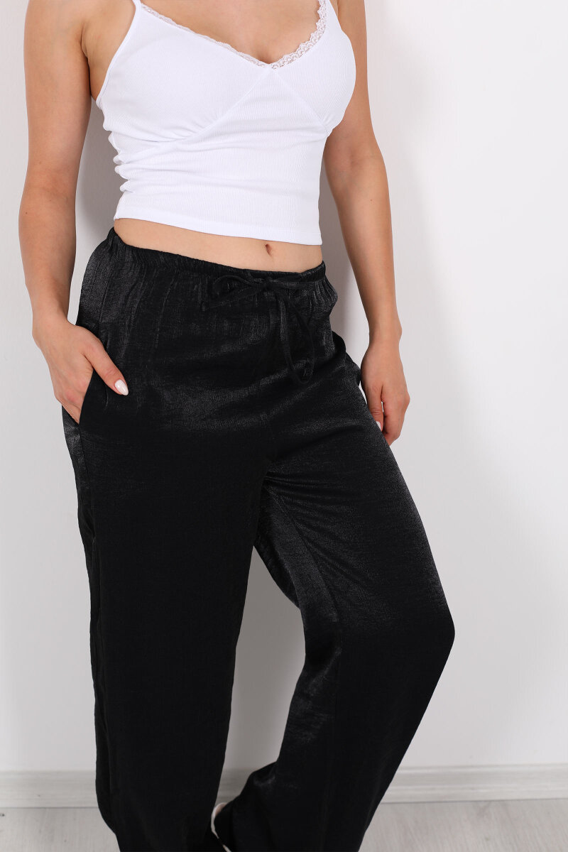 İnce Kemerli Parlak Siyah Kadın Saten Pantolon - 2
