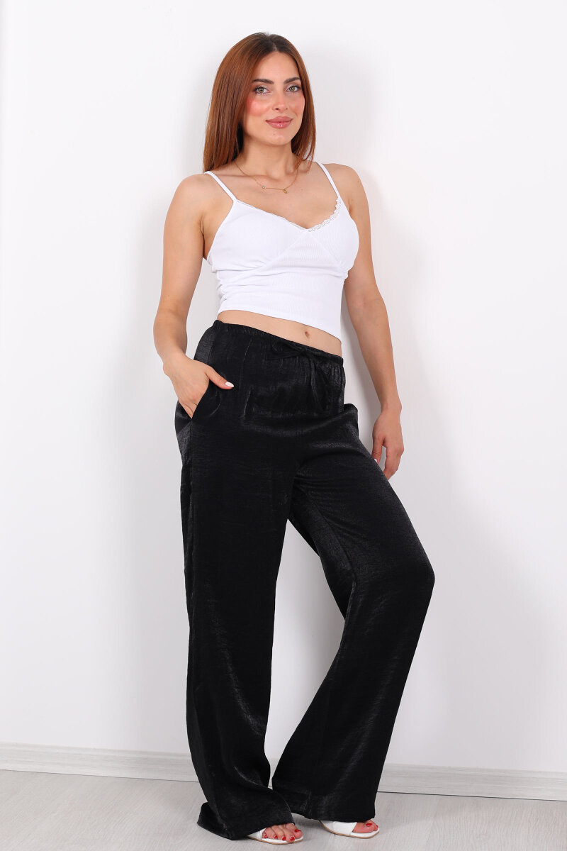 İnce Kemerli Parlak Siyah Kadın Saten Pantolon - 3