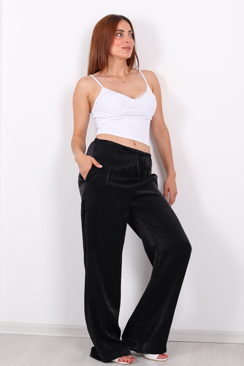 İnce Kemerli Parlak Siyah Kadın Saten Pantolon - 1