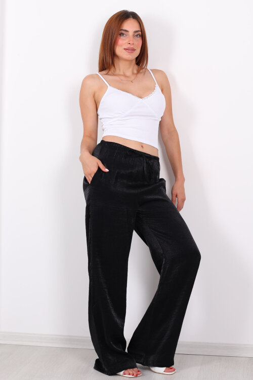 İnce Kemerli Parlak Siyah Kadın Saten Pantolon - 5