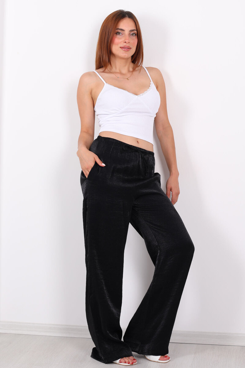 İnce Kemerli Parlak Siyah Kadın Saten Pantolon - 5