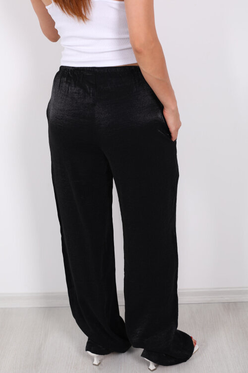 İnce Kemerli Parlak Siyah Kadın Saten Pantolon - 4