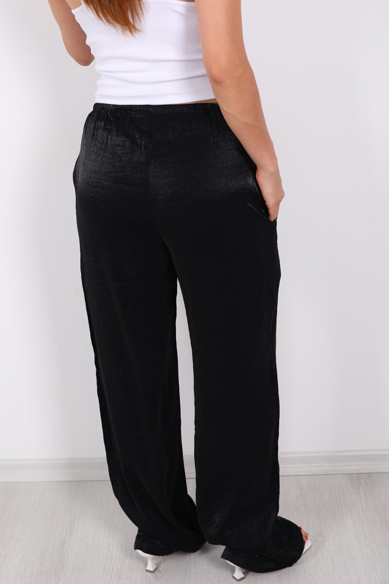 İnce Kemerli Parlak Siyah Kadın Saten Pantolon - 4