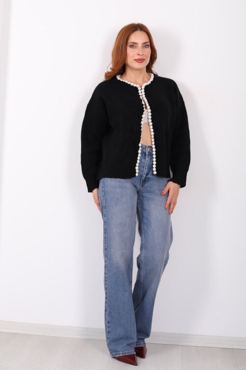 İnci Aksesuarlı Siyah Kadın Triko Hırka - 3