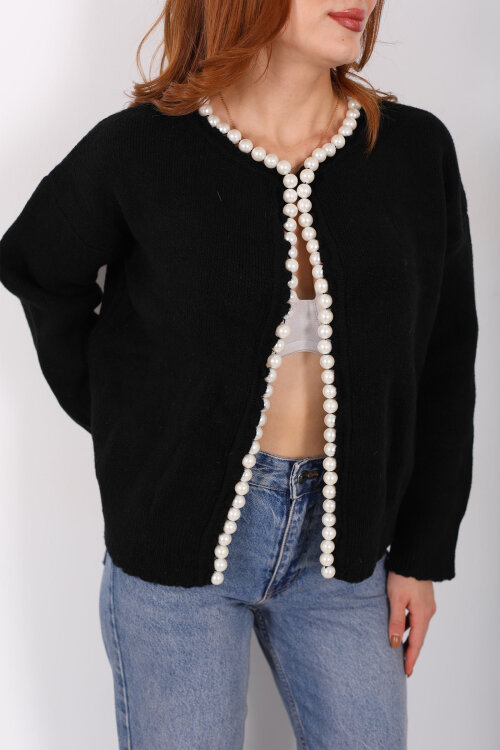 İnci Aksesuarlı Siyah Kadın Triko Hırka - Berox (1)