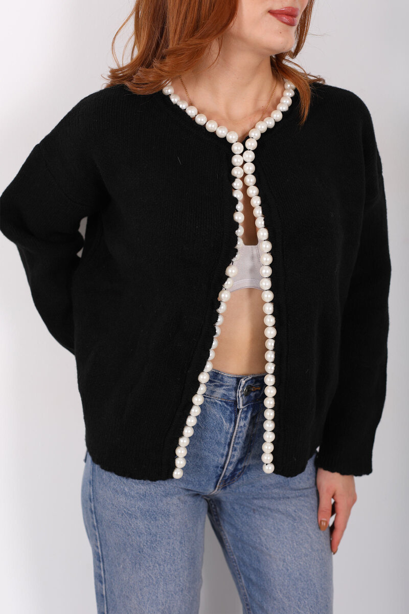 İnci Aksesuarlı Siyah Kadın Triko Hırka - 2
