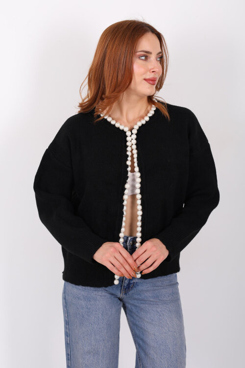 İnci Aksesuarlı Siyah Kadın Triko Hırka - 4