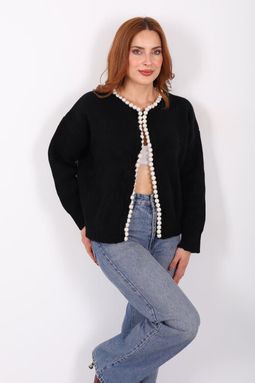 İnci Aksesuarlı Siyah Kadın Triko Hırka - Berox