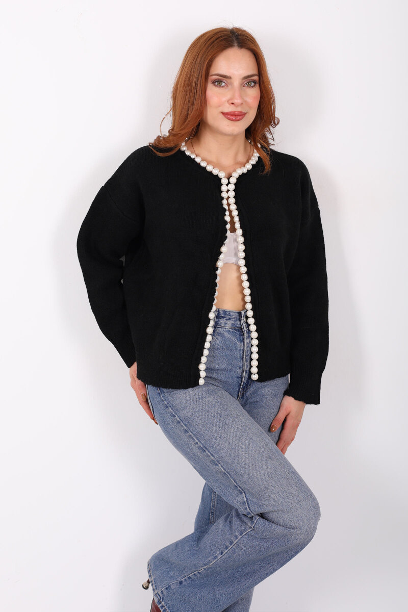 İnci Aksesuarlı Siyah Kadın Triko Hırka - 1