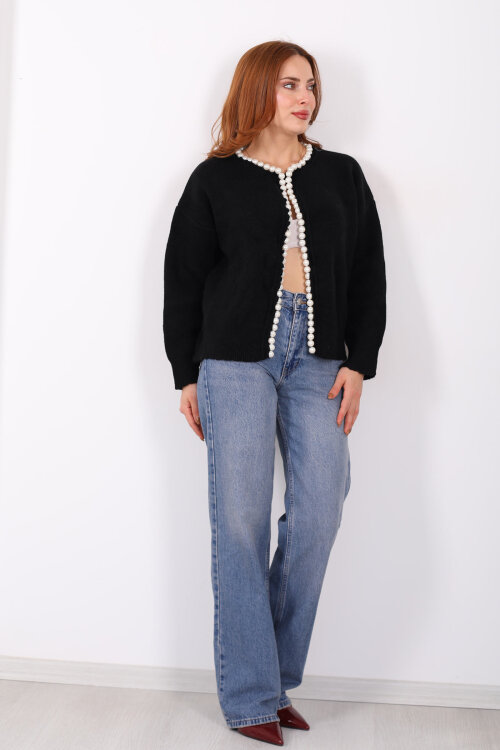 İnci Aksesuarlı Siyah Kadın Triko Hırka - 6