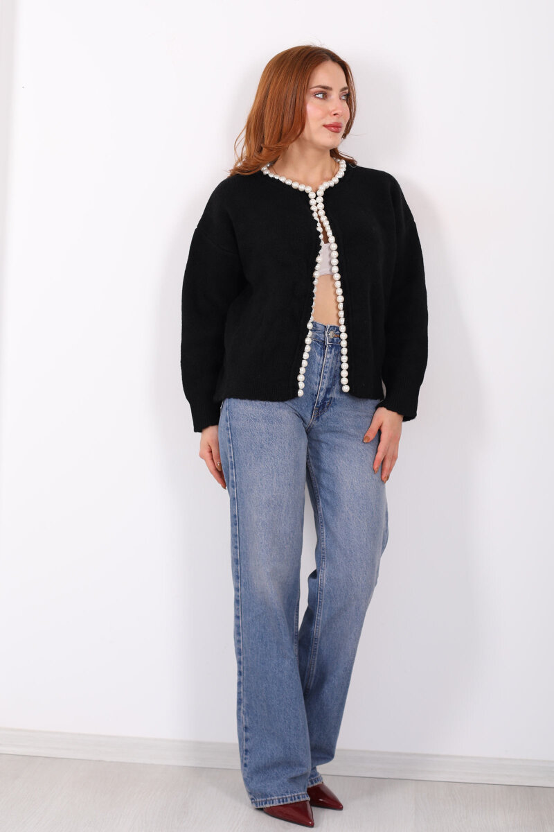 İnci Aksesuarlı Siyah Kadın Triko Hırka - 6